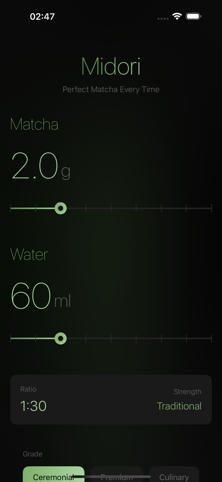 Screenshot of Midori matcha ratio app