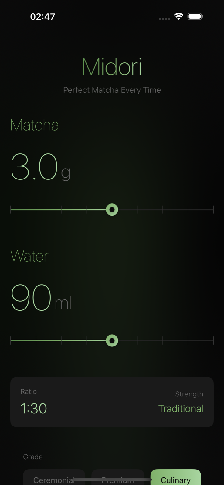 Midori culinary matcha ratio screen