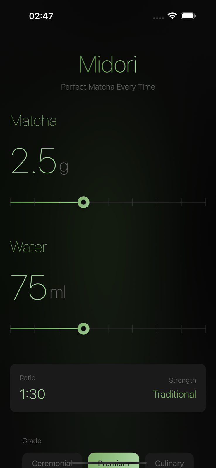 Midori premium matcha ratio screen